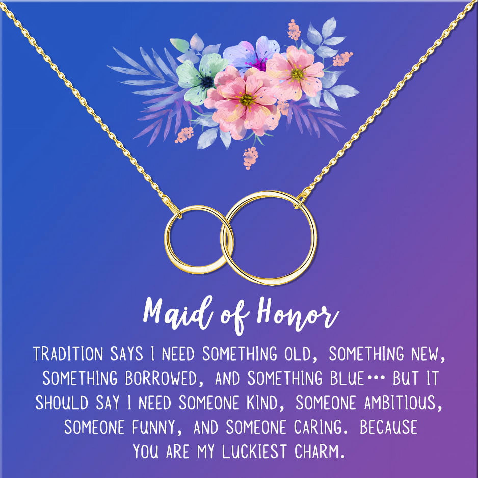 Anavia Maid of Honor Necklace Gift, Maid of Honor Sister Gift, Maid Of Honor Card for Girls, Wedding Gifts Jewelry Necklace-[Gold Infinity Double Ring, Blue-Purple Gift Card]