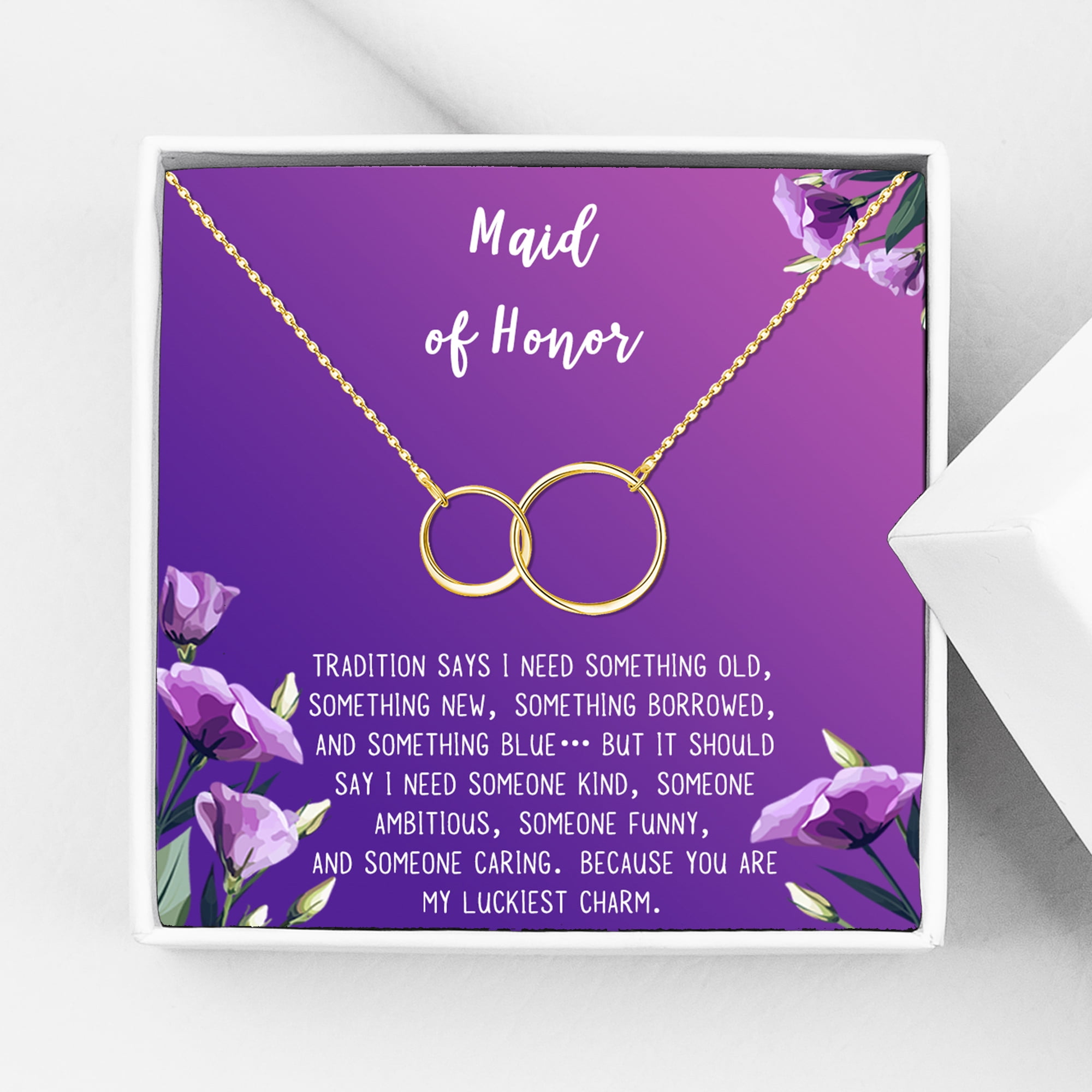 Anavia Maid of Honor Necklace Gift, Maid of Honor Sister Gift, Maid Of Honor Card for Girls, Wedding Gifts Jewelry Necklace-[Gold Infinity Double Ring, Royal Purple Gift Card]