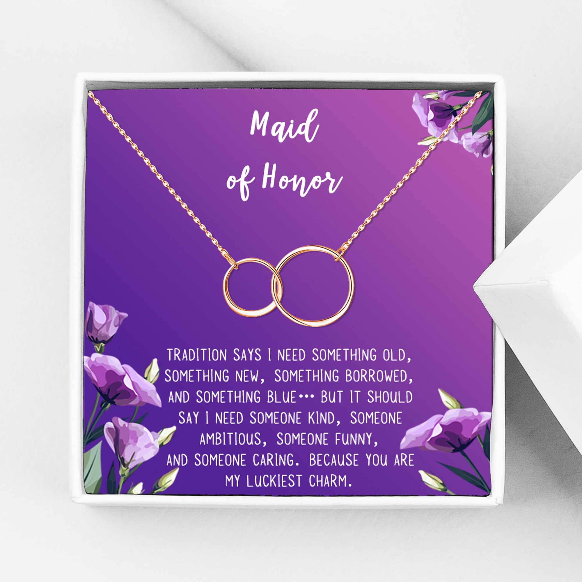 Anavia Maid of Honor Necklace Gift, Maid of Honor Sister Gift, Maid Of Honor Card for Girls, Wedding Gifts Jewelry Necklace-[Rose Gold Infinity Double Ring, Royal Purple Gift Card]