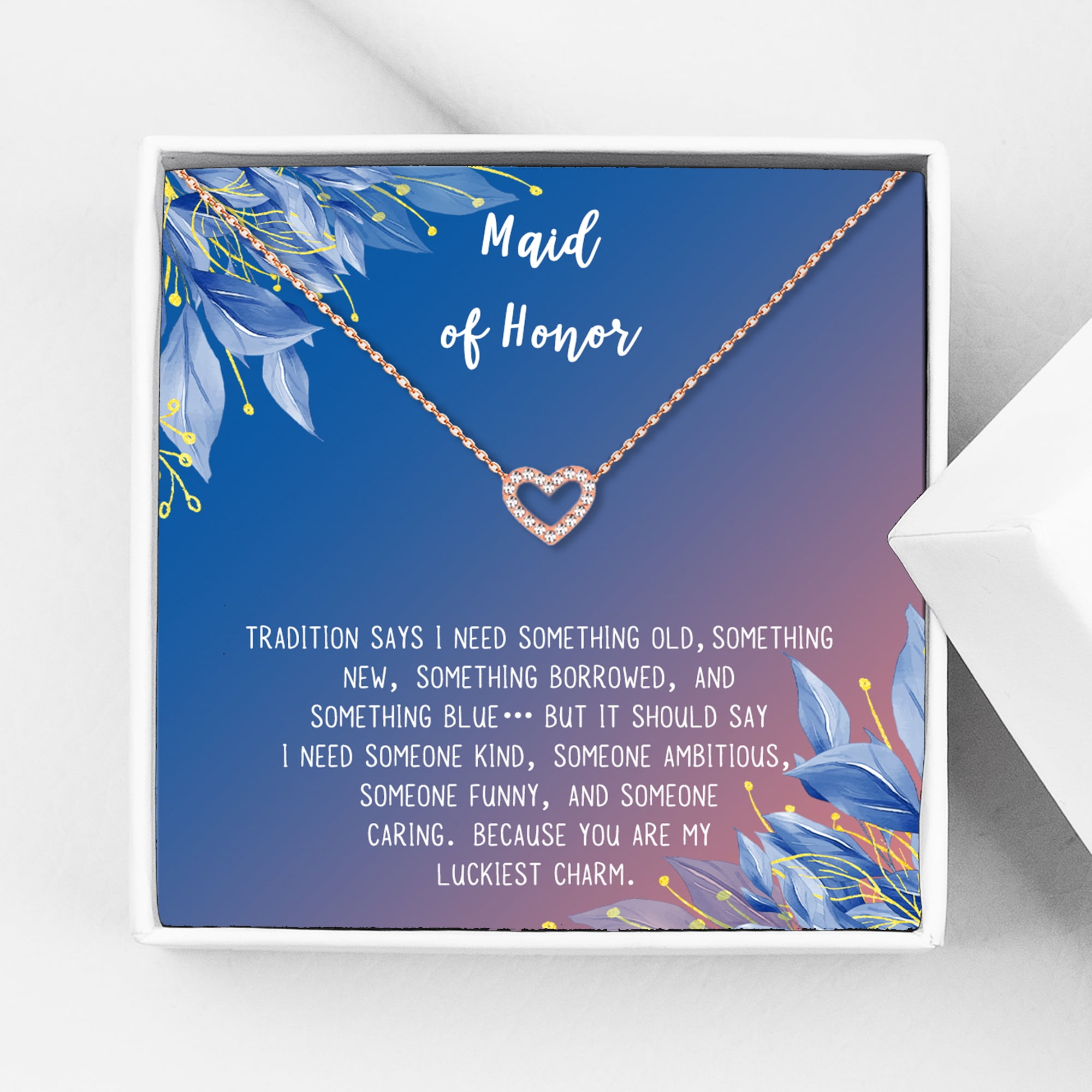Anavia Maid of Honor Necklace Gift, Maid of Honor Sister Gift, Maid Of Honor Card for Girls, Wedding Gifts Jewelry Necklace-[Rose Gold Mini Crystal Heart, Blue-Orange Gift Card]