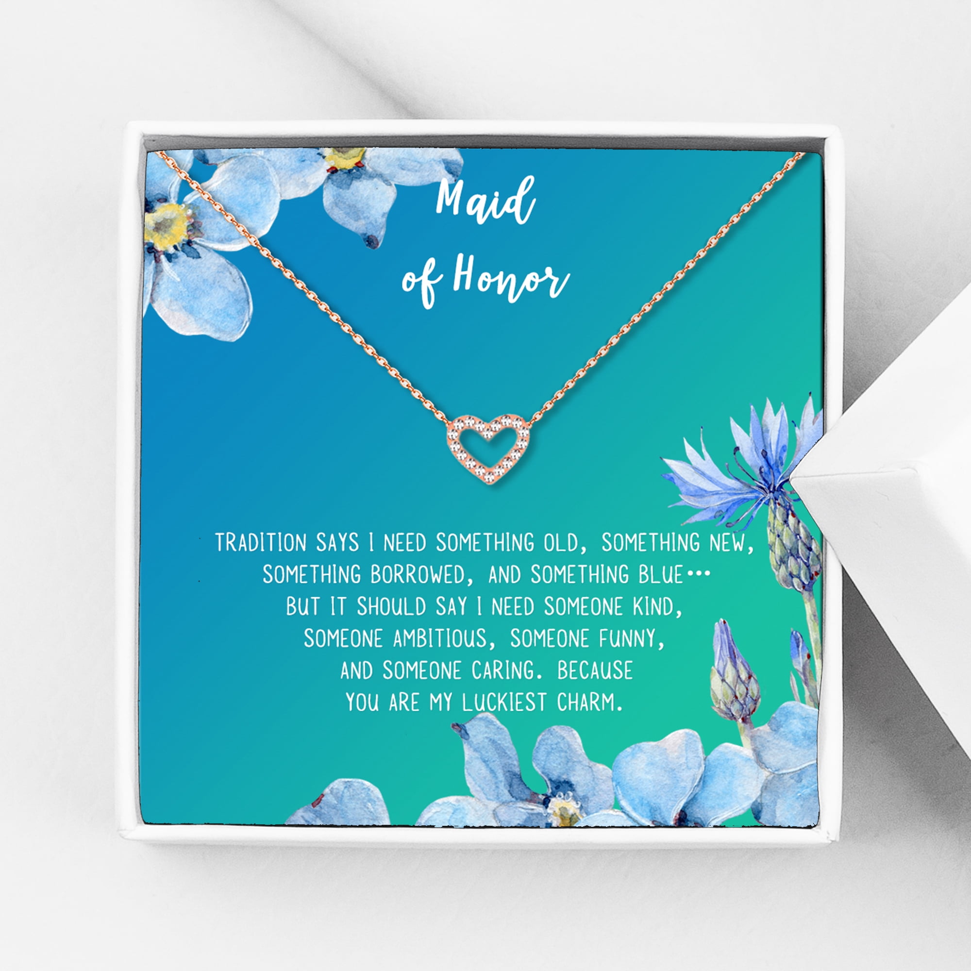 Anavia Maid of Honor Necklace Gift, Maid of Honor Sister Gift, Maid Of Honor Card for Girls, Wedding Gifts Jewelry Necklace-[Rose Gold Mini Crystal Heart, Bright Blue Gift Card]