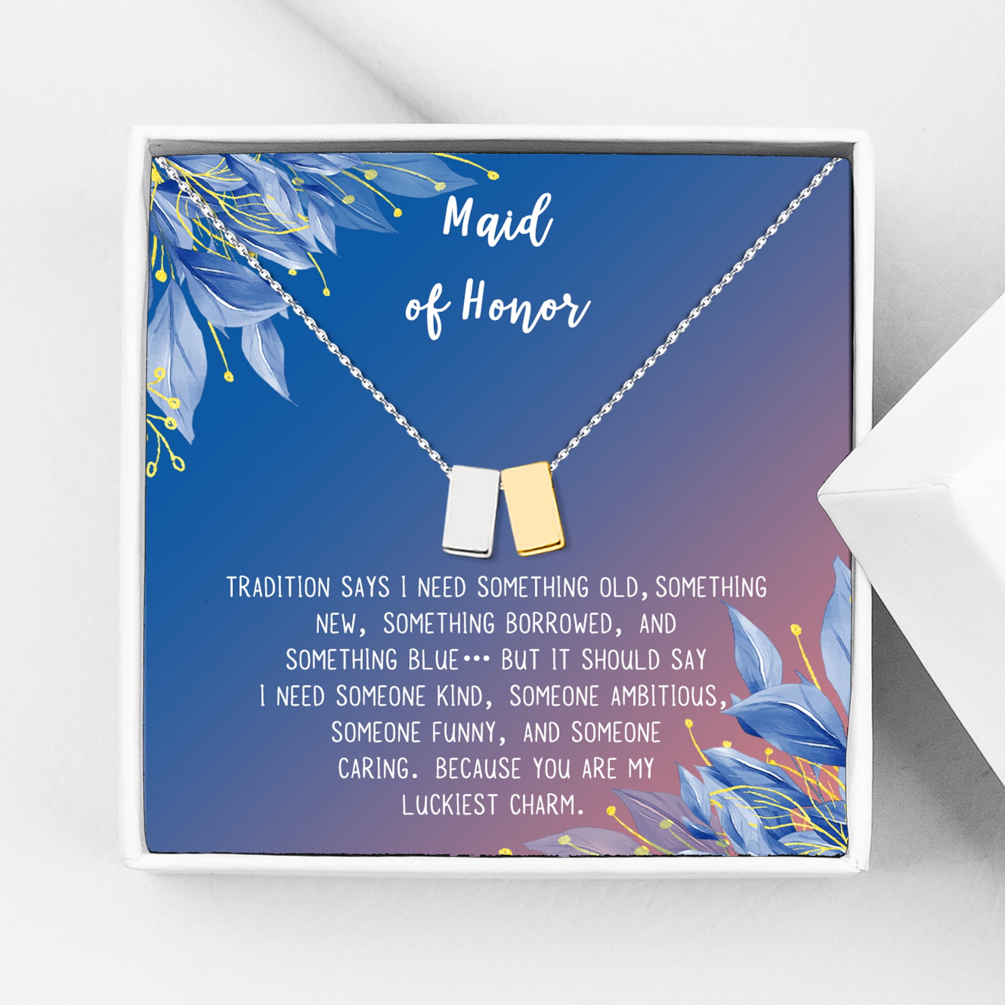 Anavia Maid of Honor Necklace Gift, Maid of Honor Sister Gift, Maid Of Honor Card for Girls, Wedding Gifts Jewelry Necklace-[Silver and Gold Double Cube, Blue-Orange Gift Card]