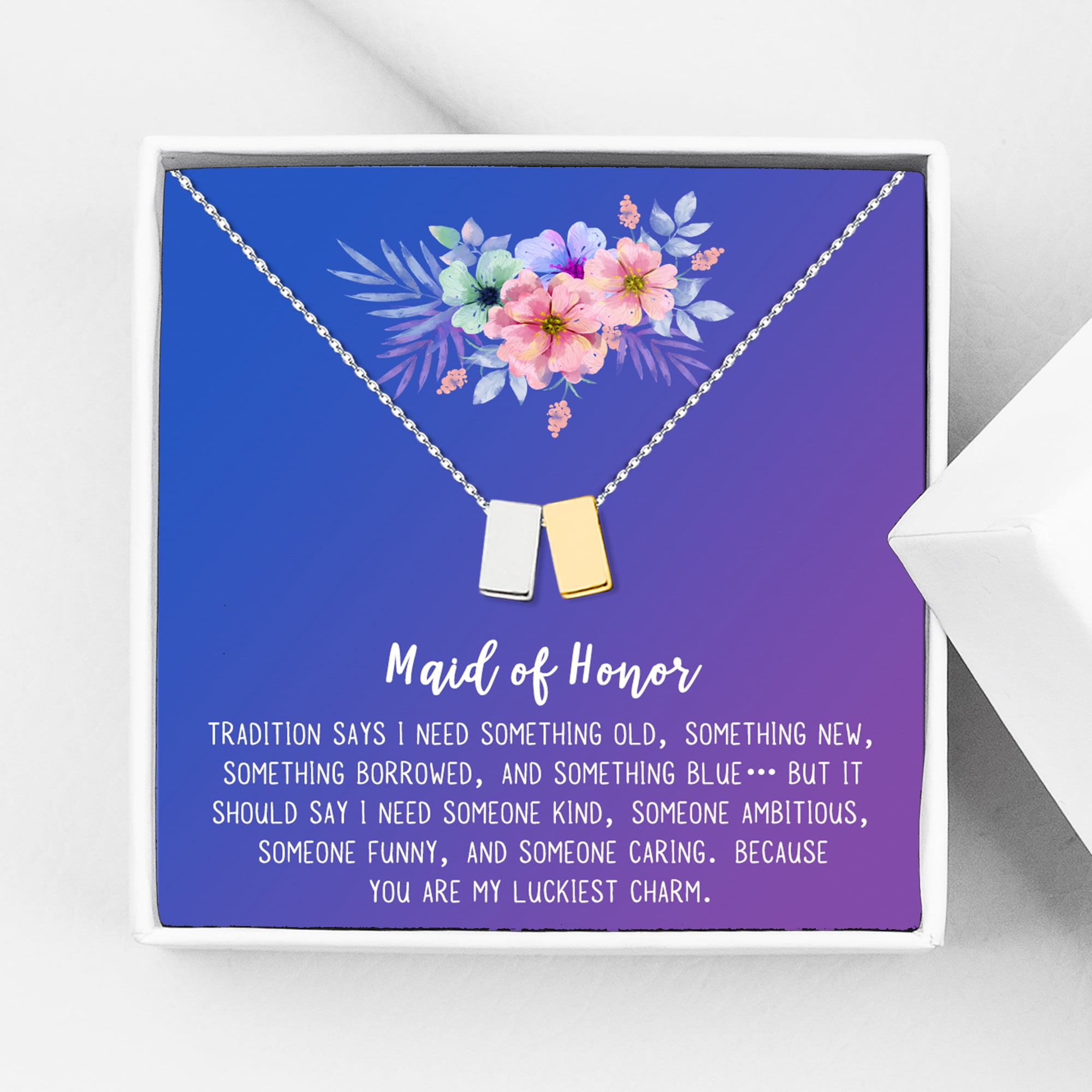 Anavia Maid of Honor Necklace Gift, Maid of Honor Sister Gift, Maid Of Honor Card for Girls, Wedding Gifts Jewelry Necklace-[Silver and Gold Double Cube, Blue-Purple Gift Card]