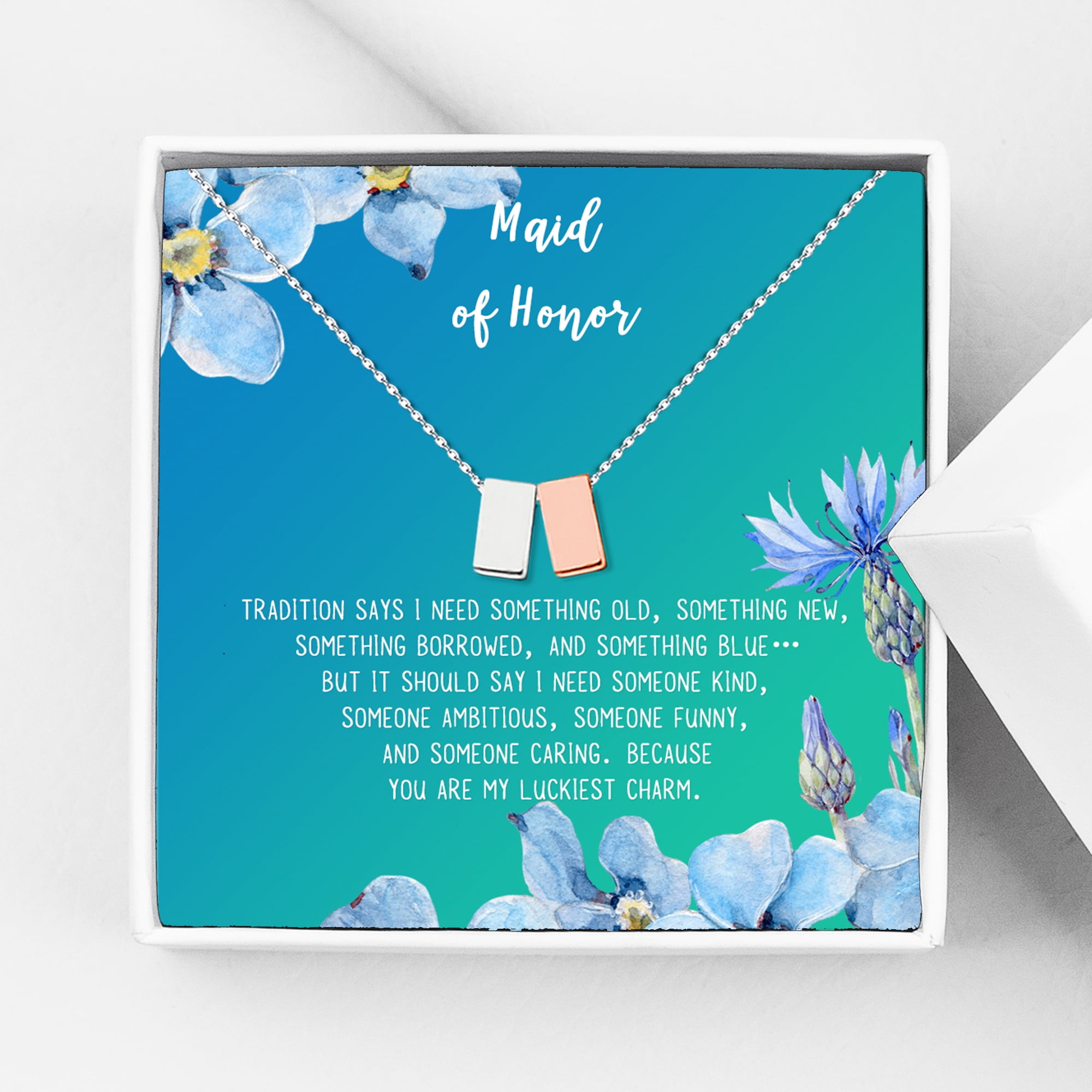 Anavia Maid of Honor Necklace Gift, Maid of Honor Sister Gift, Maid Of Honor Card for Girls, Wedding Gifts Jewelry Necklace-[Silver and Rose Gold Double Cube, Bright Blue Gift Card]
