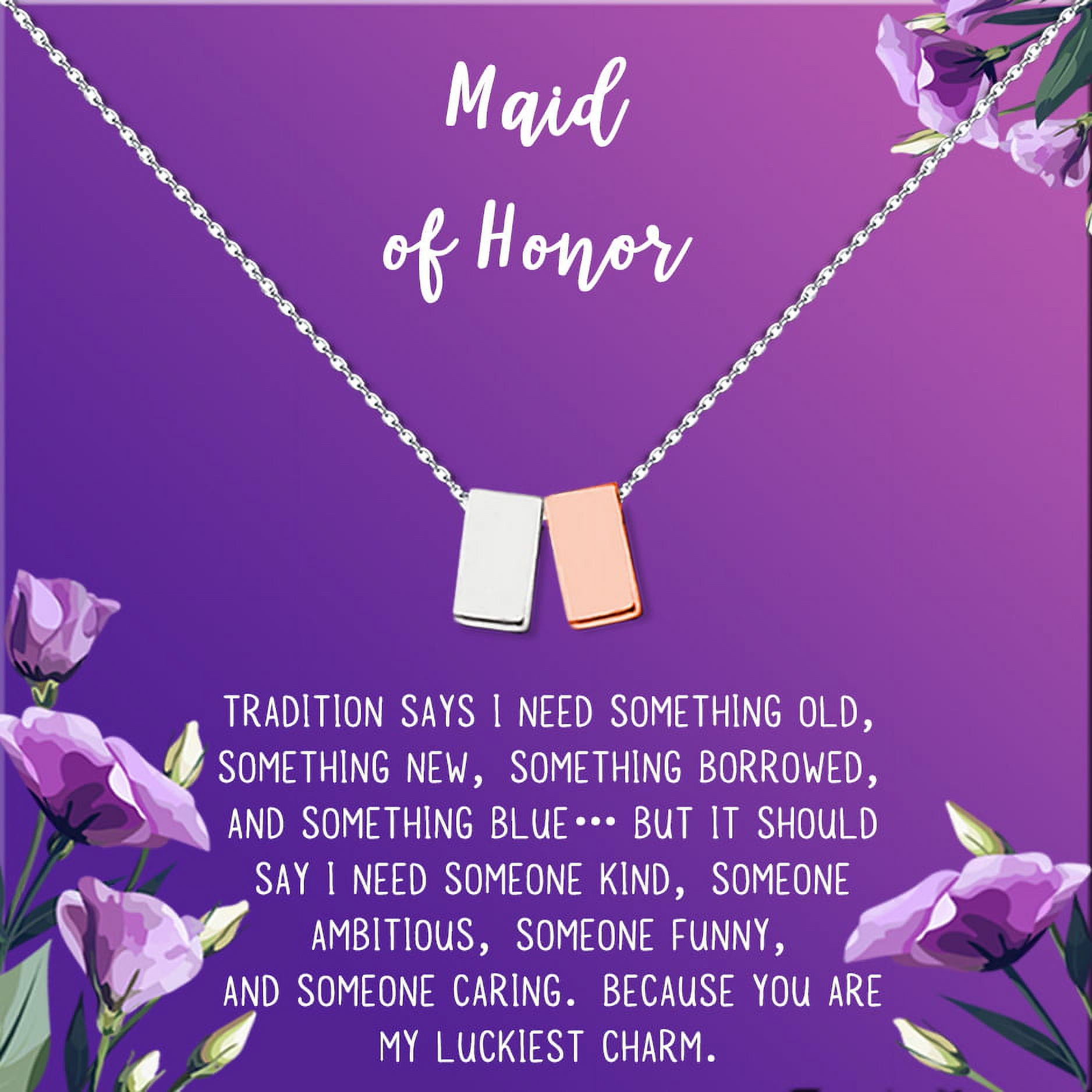 Anavia Maid of Honor Necklace Gift, Maid of Honor Sister Gift, Maid Of Honor Card for Girls, Wedding Gifts Jewelry Necklace-[Silver and Rose Gold Double Cube, Royal Purple Gift Card]