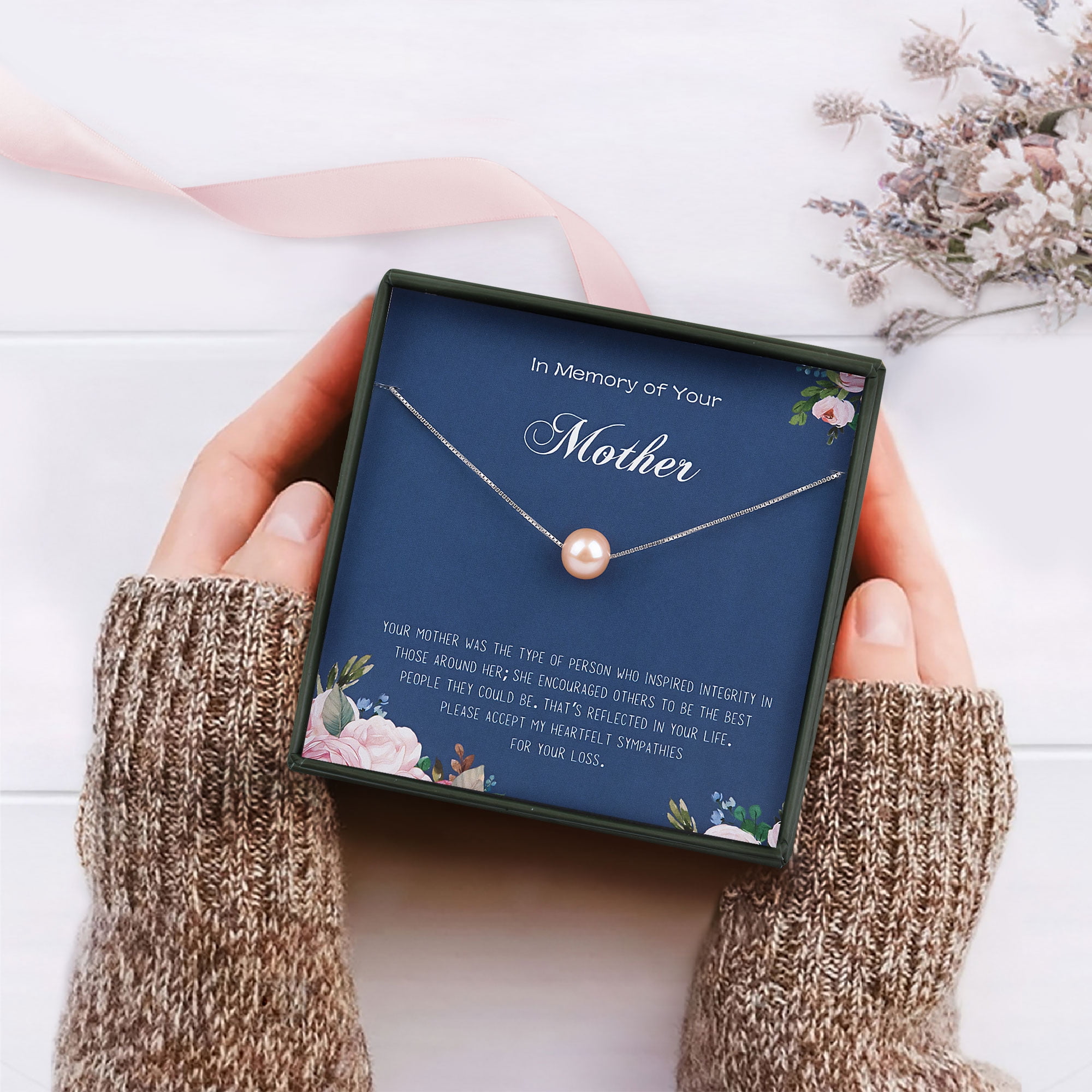 Anavia In Memory of Mom Sympathy Card Gift, Sorry for Your Loss of Mom Loss of Loved one Memorial Gift, Condolence Gift, Bereavement Gift-[Pink Pearl + Silver Chain]