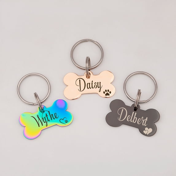 Anavia Metal & Stainless Steel Bone Name Tag with Funny Paw Icon Birthday Holiday Christmas Engraved Dog ID Tag, Black, L