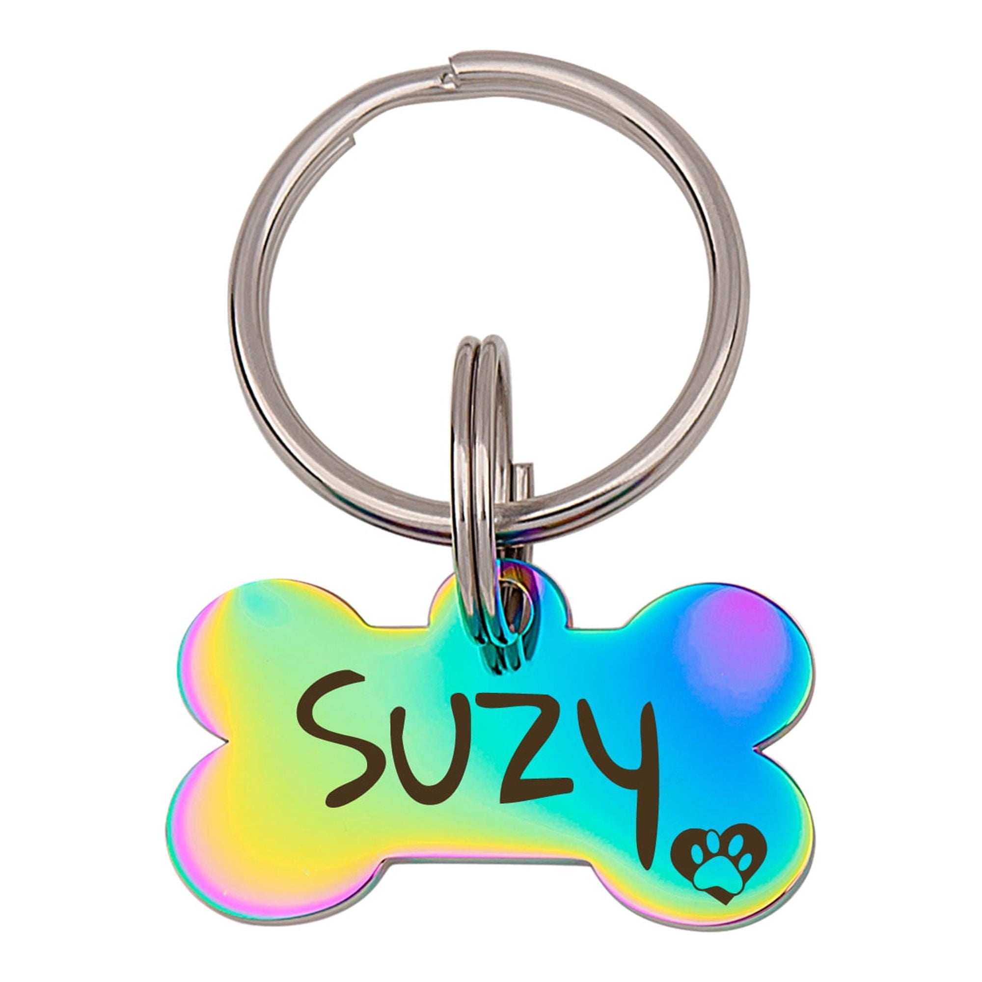 Anavia Metal & Stainless Steel Bone Name Tag with Funny Paw Icon Birthday Holiday Christmas Engraved Dog ID Tag, Iridescent, S