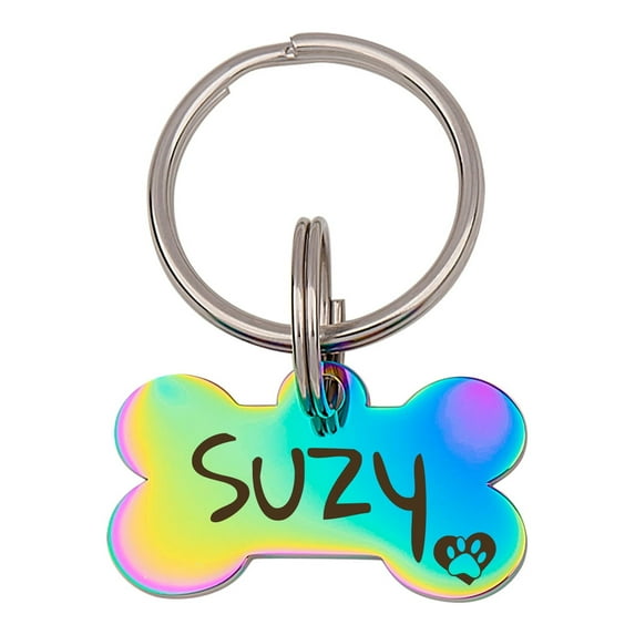Anavia Metal & Stainless Steel Bone Name Tag with Funny Paw Icon Birthday Holiday Christmas Engraved Dog ID Tag, Iridescent, S