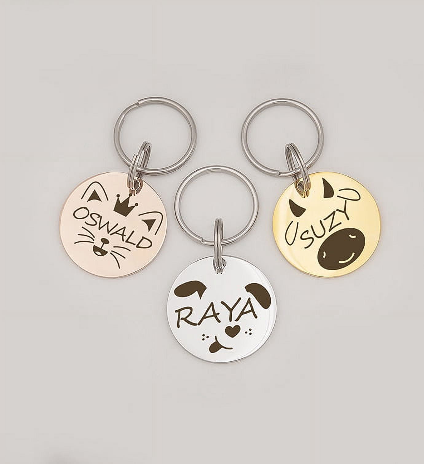 Anavia Metal Stainless Steel Round Name - Animal Face Birthday Holiday Christmas Engraved Dog Cat ID Tag, Gold
