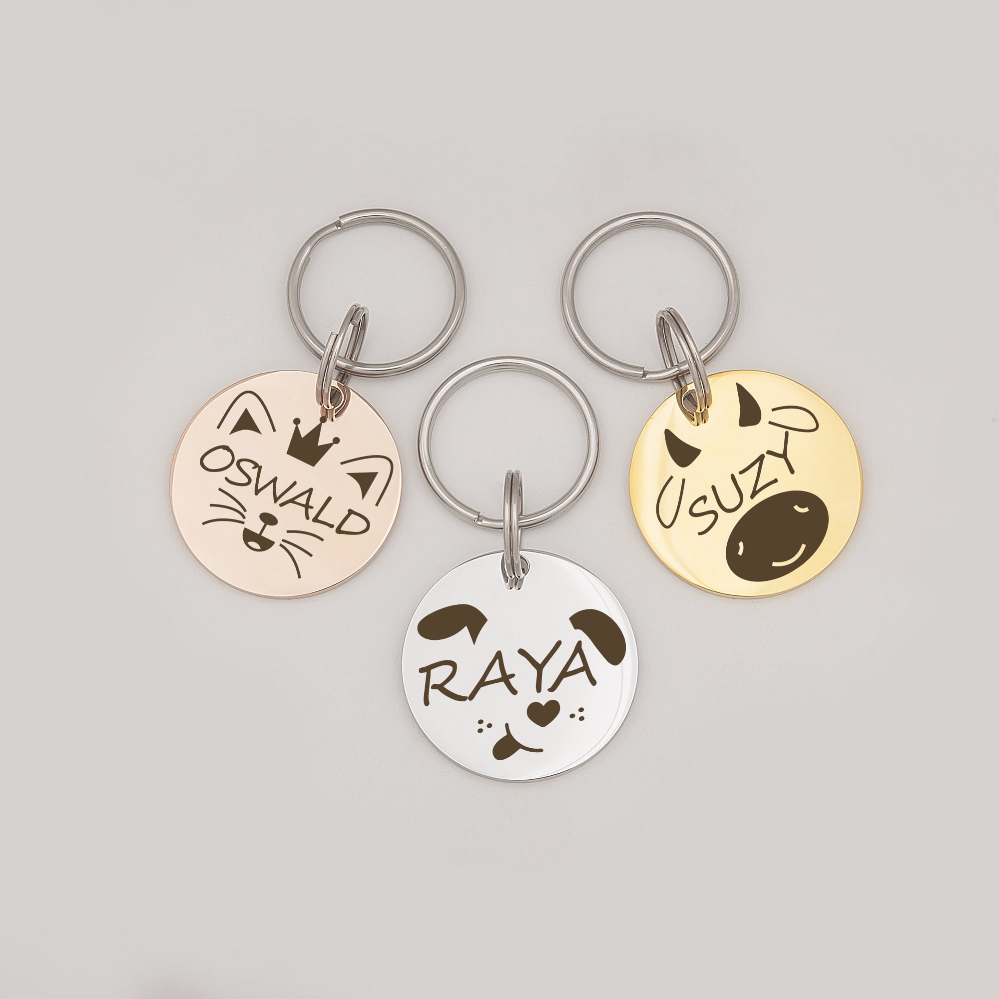 Anavia Metal Stainless Steel Round Name - Animal Face Birthday Holiday Christmas Engraved Dog Cat ID Tag, Rose Gold