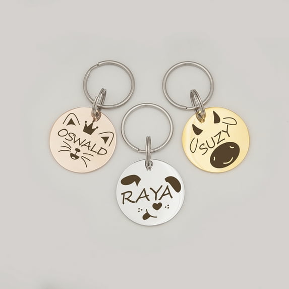 Anavia Metal Stainless Steel Round Name - Animal Face Birthday Holiday Christmas Engraved Dog Cat ID Tag, Rose Gold