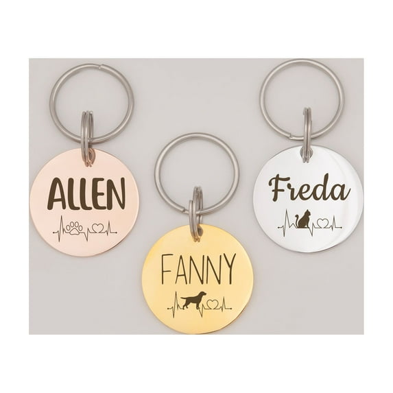 Anavia Metal Stainless Steel Round Name - EKG Birthday Holiday Christmas Engraved Dog Cat ID Tag, Rose Gold