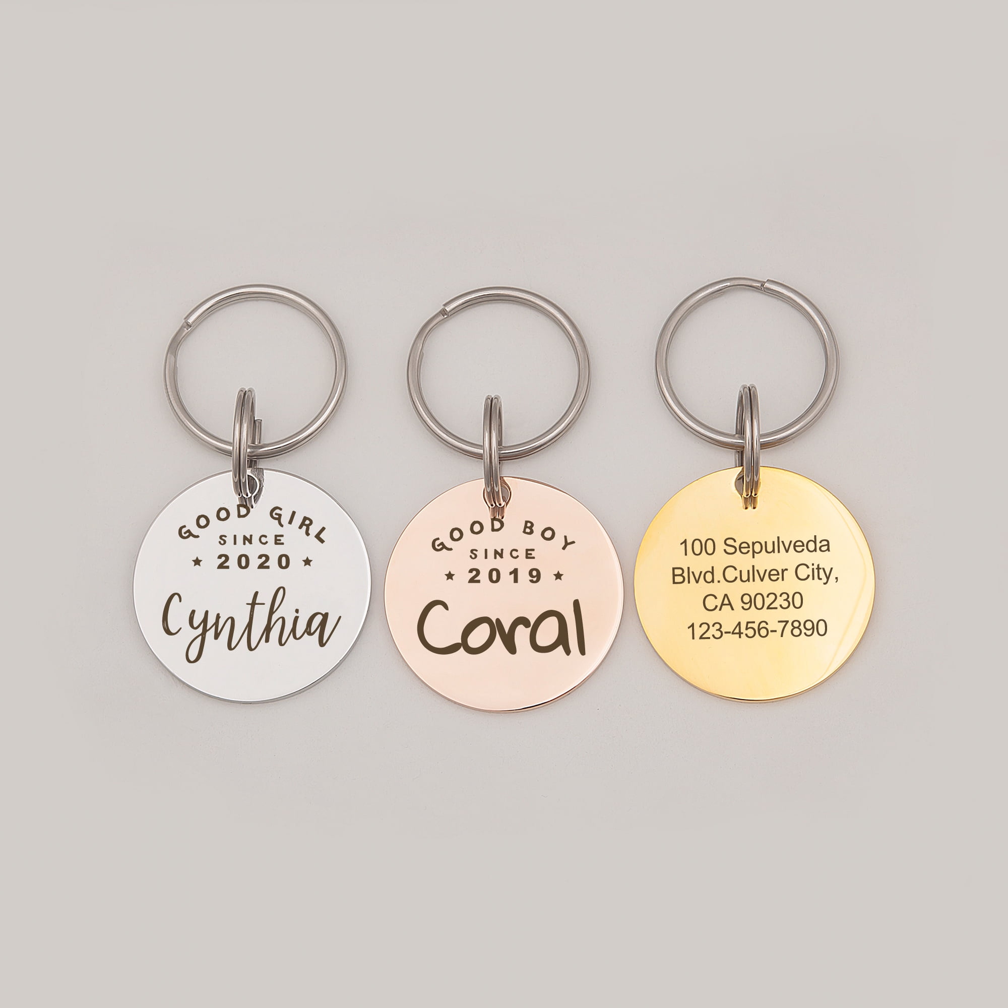 Anavia Metal Stainless Steel Round Name - Good Boy Girl - Birth Year Birthday Holiday Christmas Engraved Dog Cat ID Tag, Rose Gold