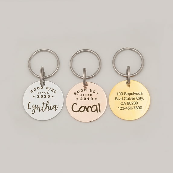 Anavia Metal Stainless Steel Round Name - Good Boy Girl - Birth Year Birthday Holiday Christmas Engraved Dog Cat ID Tag, Rose Gold