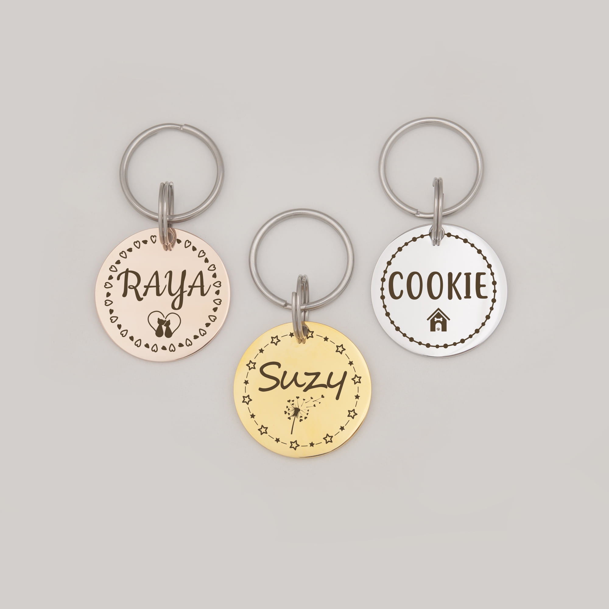 Anavia Metal Stainless Steel Round Name - Icon - Boarder Birthday Holiday Christmas Engraved Dog Cat ID Tag, Rose Gold