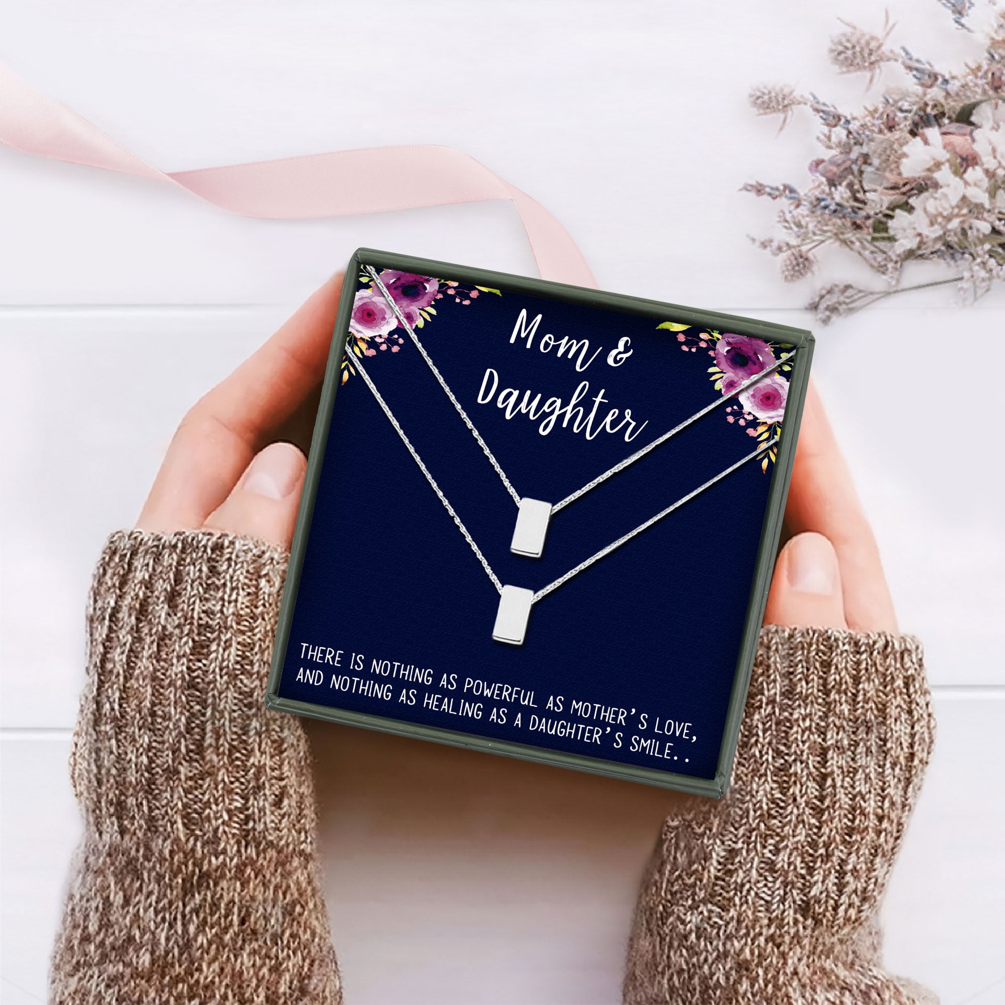 Anavia Mom and Daugher Jewelry Gift Set, Gift to Mom, Gift to Daughter, Mother Daughter Necklace, Birthday Gift, Christmas Gift for Her, Pendant and Card Necklaces, Cube Necklace
