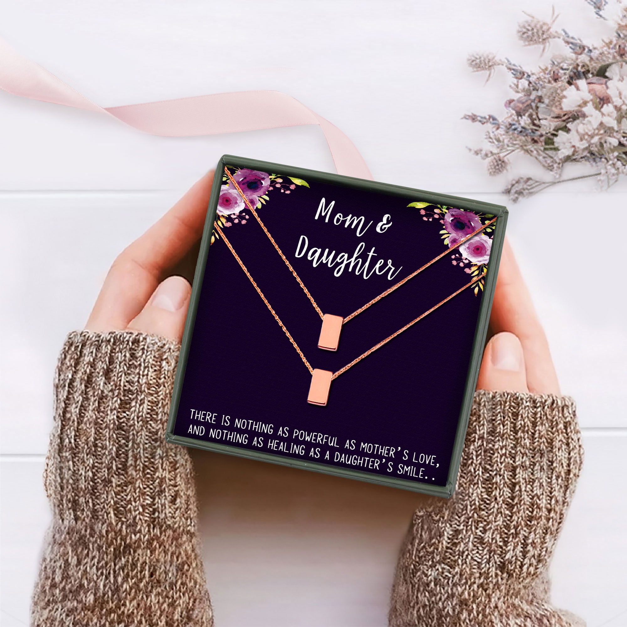 Anavia Mom and Daughter Gift Set, Mother Daughter Necklace, Jewelry Gift, Gift for Daughter, Birthday Gift, Christmas Gift for Her, Two Cube Necklaces with Wish Card-[Rose Gold Charms]