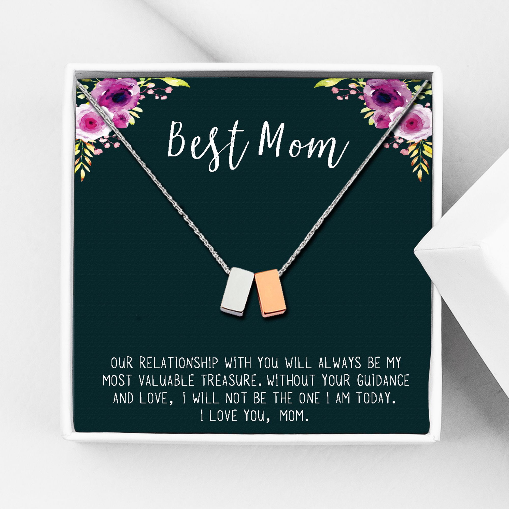 Anavia Mothers Necklace, Mom Necklace, Mom Gift, Gift for Mom, Mom Birthday Gift, Christmas Gift for Her, Double Cubes Pendant Necklace with Wish Card -[1 Silver & 1 Rose Gold]