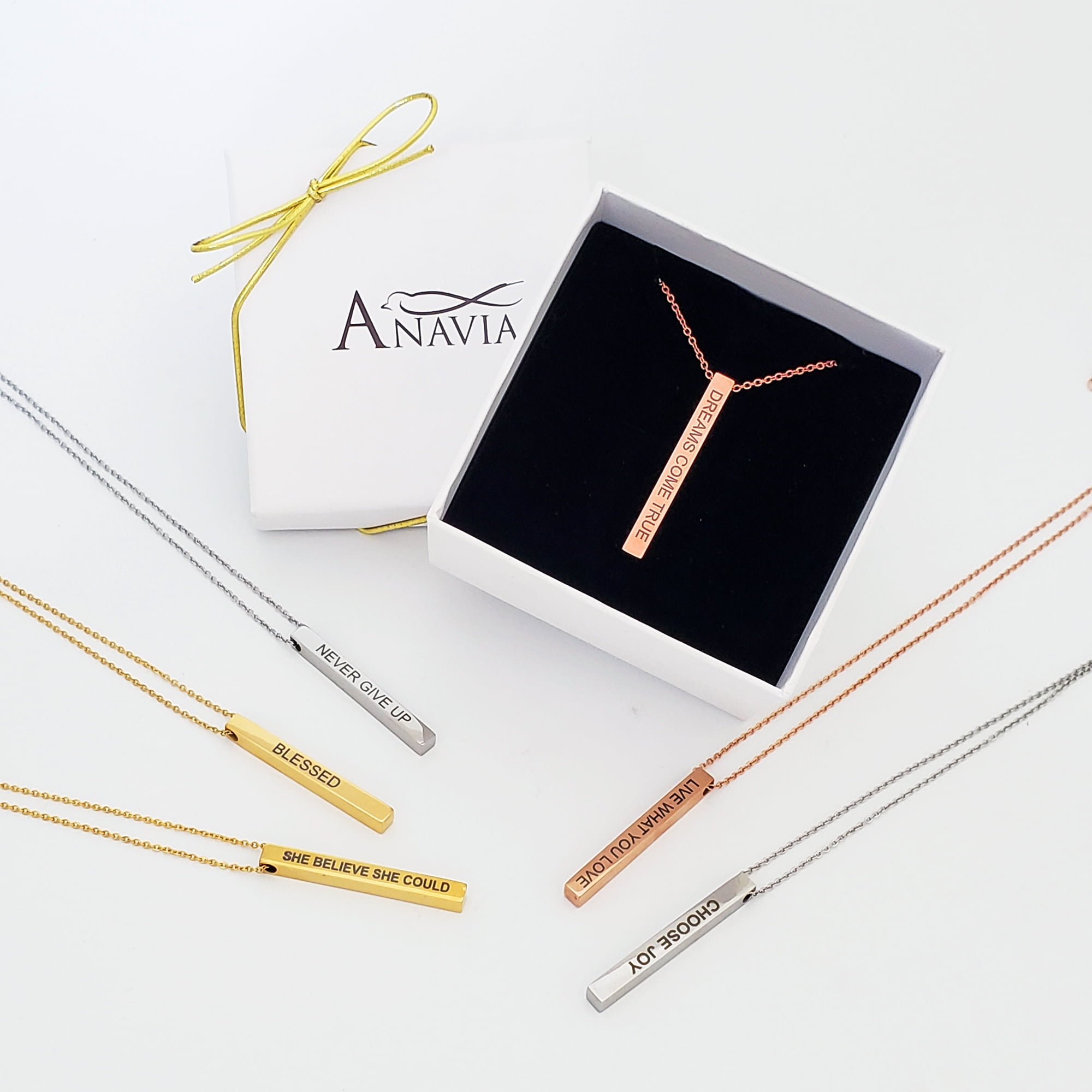 Anavia Motivational 4-Sides Bar Necklace Stainless Stee Birthday Day Gift for Mom Inspirational Jewelry Gift for Mom 18"Cable Chain with Gift Box [Rose Gold - Blessed]