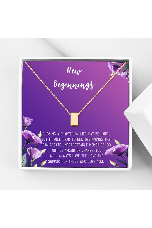 New Beginnings Gift Card for Her, New Job Gift, New Relationship Gift Card, Cheer up Gift Necklace, Encouragement Gift for Daughter-[Gold Cube, Royal Purple Gift Card]