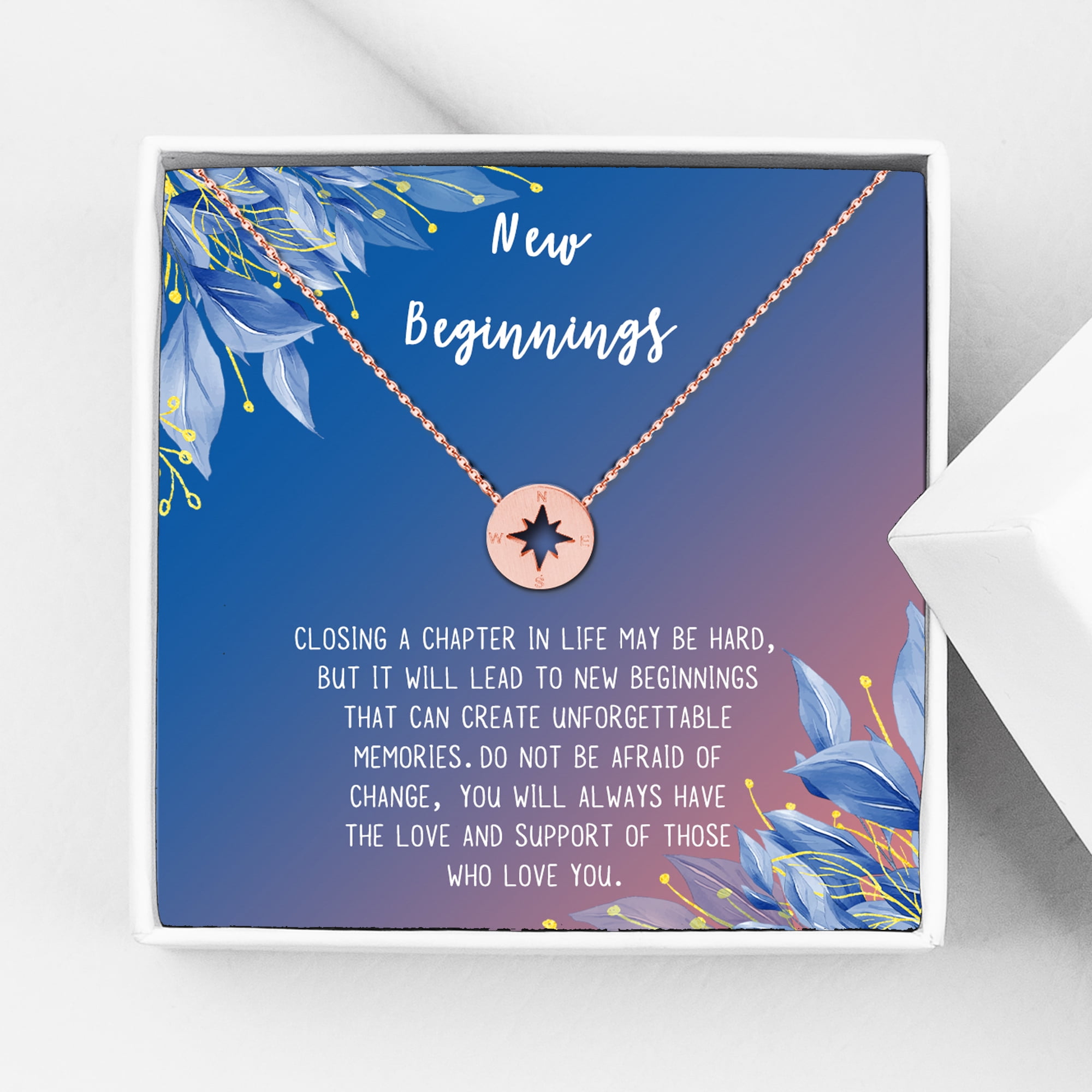 Anavia New Beginnings Gift Card for Her, New Job Gift, New Relationship Gift Card, Cheer up Gift Necklace, Encouragement Gift for Daughter-[Silver Compass, Blue-Orange Gift Card]