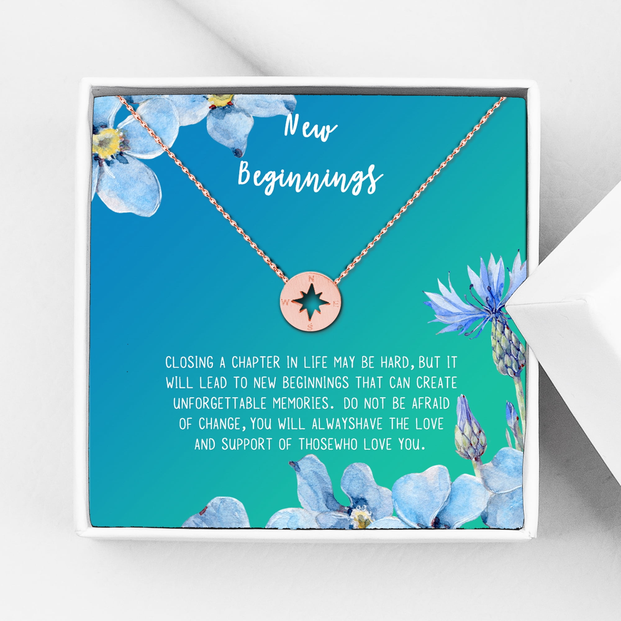 Anavia New Beginnings Gift Card for Her, New Job Gift, New Relationship Gift Card, Cheer up Gift Necklace, Encouragement Gift for Daughter-[Silver Compass, Bright Blue Gift Card]