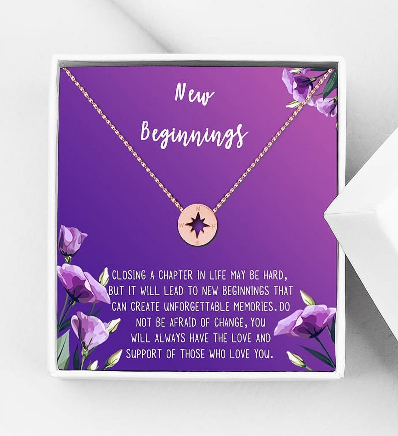 Anavia New Beginnings Gift Card for Her, New Job Gift, New Relationship Gift Card, Cheer up Gift Necklace, Encouragement Gift for Daughter-[Silver Compass, Royal Purple Gift Card]