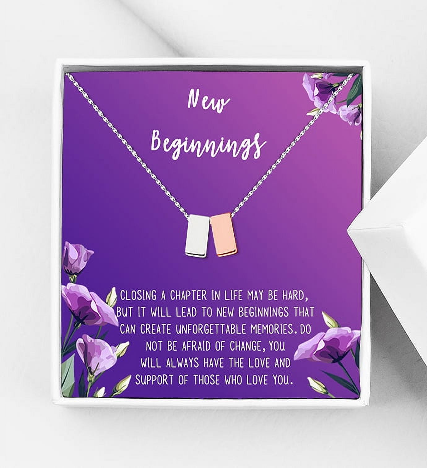 Anavia New Beginnings Gift Card for Her, New Job Gift, New Relationship Gift Card, Cheer up Gift Necklace, Encouragement Gift for Daughter-[Silver and Gold Double Cube, Royal Purple Gift Card]