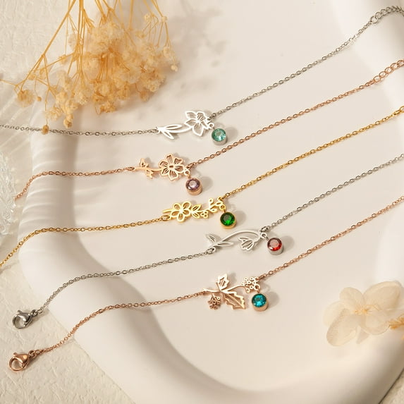 Anavia Personalized Birth Flower Bracelet with Birthstone for Her, Floral Jewelry Dainty Flower Charm Bracelet for Women Girls