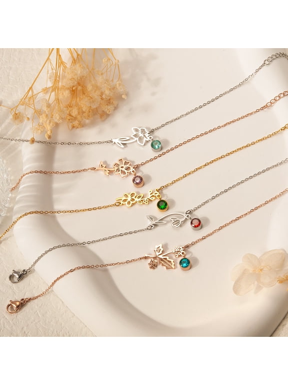 Personalized Birth Flower Bracelet with Birthstone for Her, Floral Jewelry Dainty Flower Charm Bracelet for Women Girls