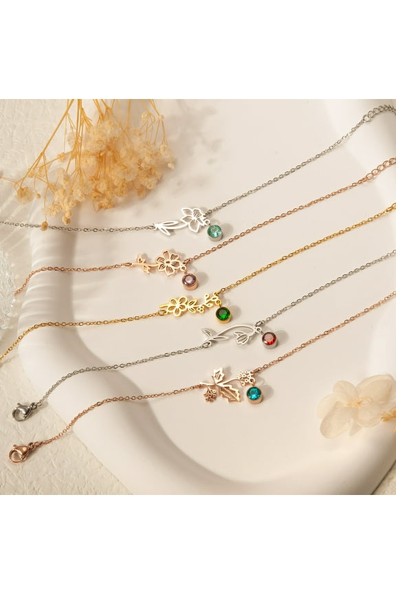 Personalized Birth Flower Bracelet with Birthstone for Her, Floral Jewelry Dainty Flower Charm Bracelet for Women Girls