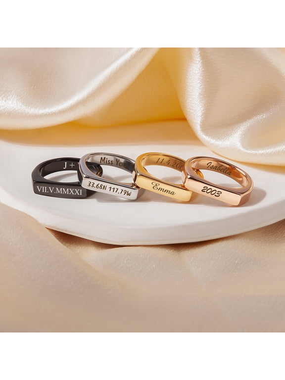 Personalized Engraved Initial/Year/Name Rings Anniversary Birthday Party Gifts For Her Mom Daughter Girlfriends, Custom Horizontal Bar Ring Wedding Bridesmaids Gifts