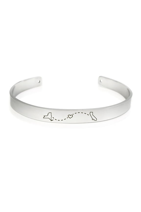 Personalized Gift for Him Personalized Long Distance States Cuff Bangle Bracelet Love Heart Free Engraving Birthday Jewelry with Gift Box Ships Next Day [Silver]