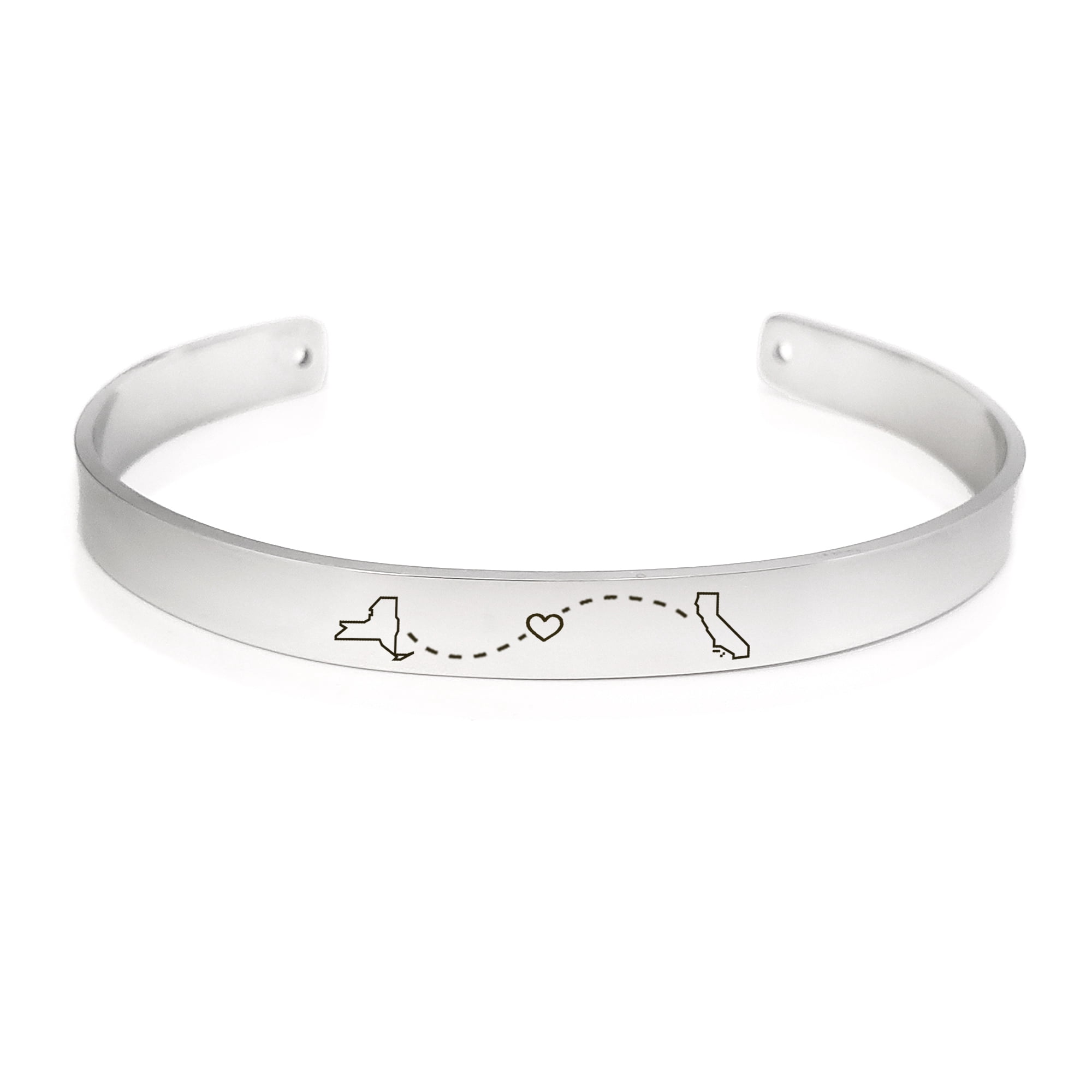 Anavia Personalized Gift for Him Personalized Long Distance States Cuff Bangle Bracelet Love Heart Free Engraving Birthday Jewelry with Gift Box Ships Next Day [Silver]