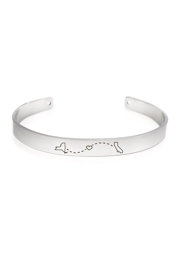 Personalized Gift for Him Personalized Long Distance States Cuff Bangle Bracelet Love Heart Free Engraving Birthday Jewelry with Gift Box Ships Next Day [Silver]