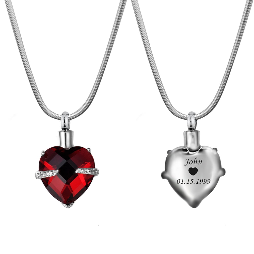 Anavia Personalized Heart Crystal Cremation Urn Necklace Jewelry For Ashes Human Pet Remains Funeral Casket Locket Engraving with Free Funnel Kit Gift Box Ship Next Day! [January - Garnet]