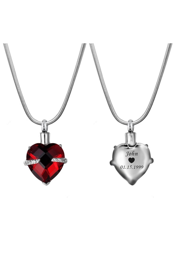 Personalized Heart Crystal Cremation Urn Necklace Jewelry For Ashes Human Pet Remains Funeral Casket Locket Engraving with Free Funnel Kit Gift Box Ship Next Day! [January - Garnet]