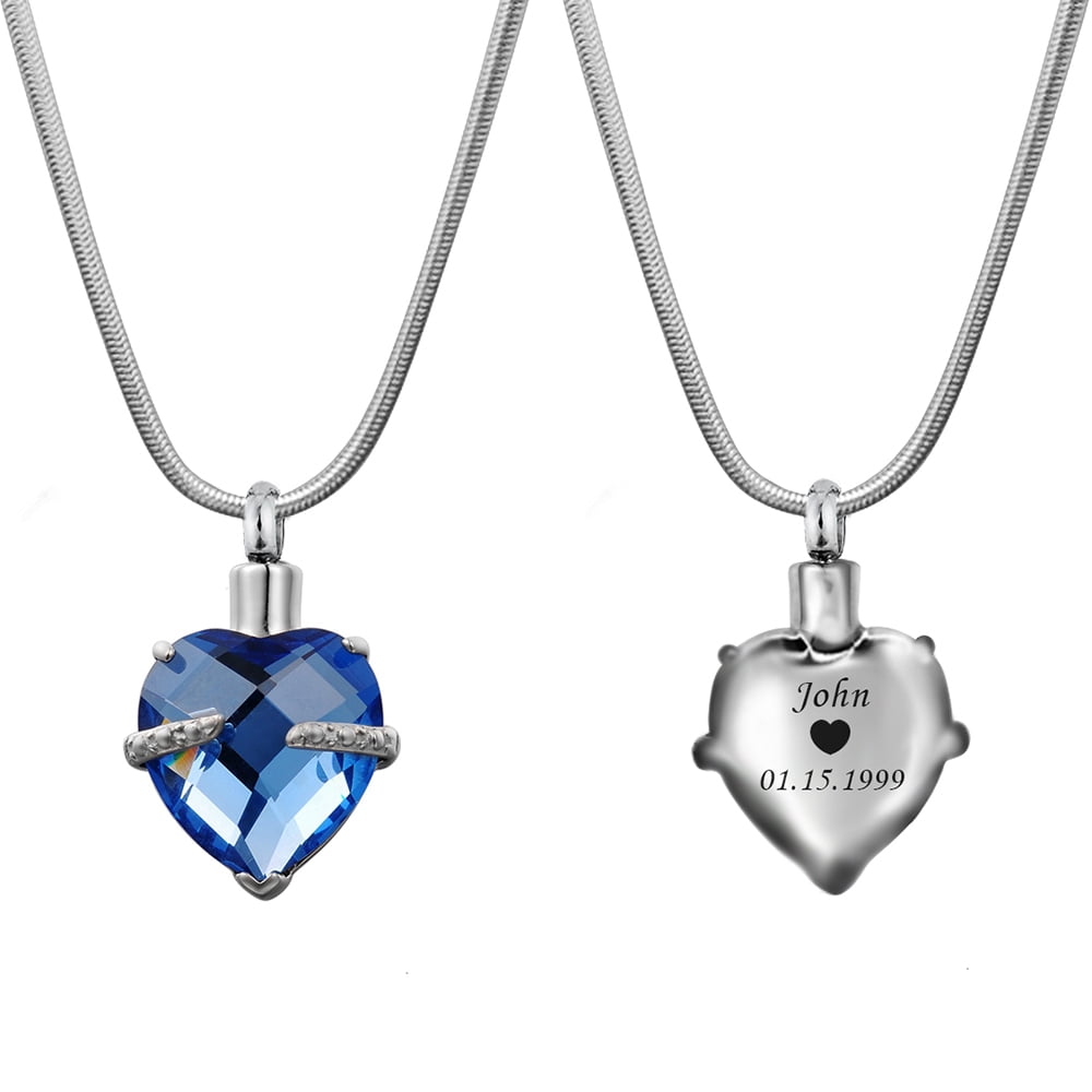 Anavia Personalized Heart Crystal Cremation Urn Necklace Jewelry For Ashes Human Pet Remains Funeral Casket Locket Engraving with Free Funnel Kit Gift Box Ship Next Day! [March - Aqua]