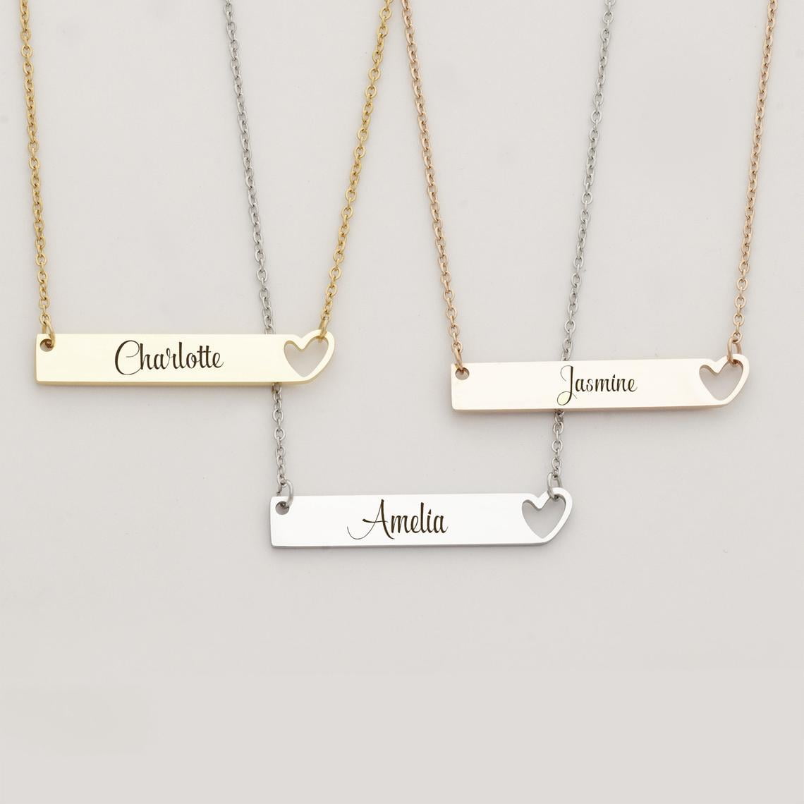 Anavia Personalized Heart Name Necklace Gift for Mom Silver Women's Heart Custom Bar Stainless Steel Engravable Couples Gift for Girlfriend Wife Name Necklace Birthday Day Gift Box Ships Next Day