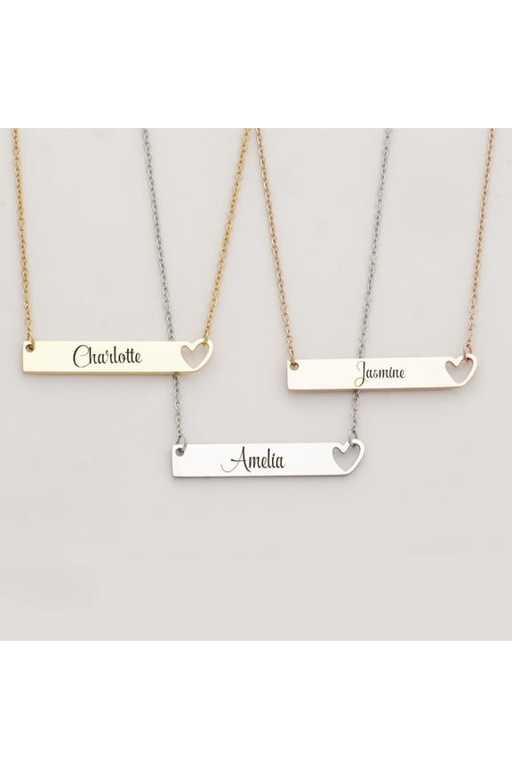 Personalized Heart Name Necklace Gift for Mom Silver Women's Heart Custom Bar Stainless Steel Engravable Couples Gift for Girlfriend Wife Name Necklace Birthday Day Gift Box Ships Next Day