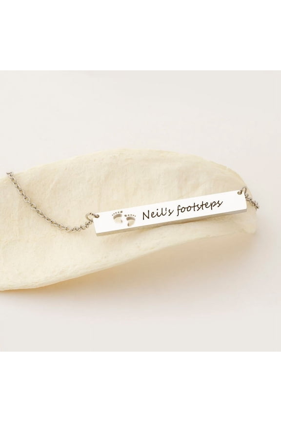 Personalized New Mom Mother's Day Gift for Wife Girlfriend New Born Baby Footprint Gift for Fiancee Bar Stainless Steel Custom Made Engravable Name Necklace Free Gift Box Ships Next Day