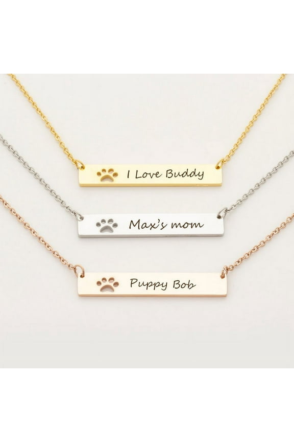 Personalized Paw Print Bar Name Necklace - Engrave Name Necklace - Stainless Steel - Birthday Gift for Her