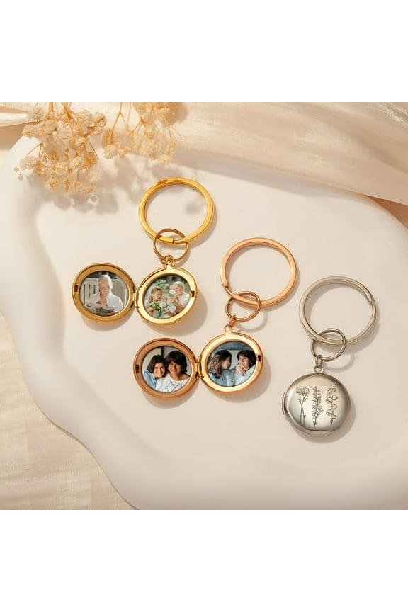 Personalized Photo Keychain Custom Engraved Birth Flower Picture Memory Locket Keychain Gift