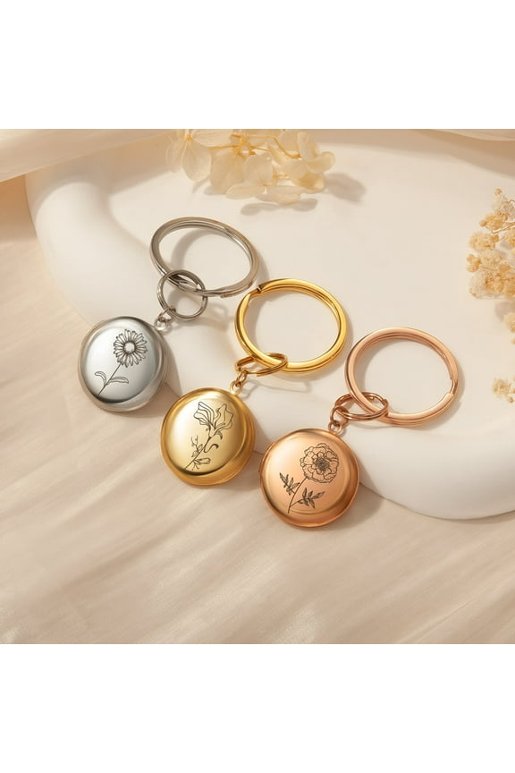 Personalized Photo Keychain Custom Engraved Birth Flower Picture Memory Locket Keychain Gift