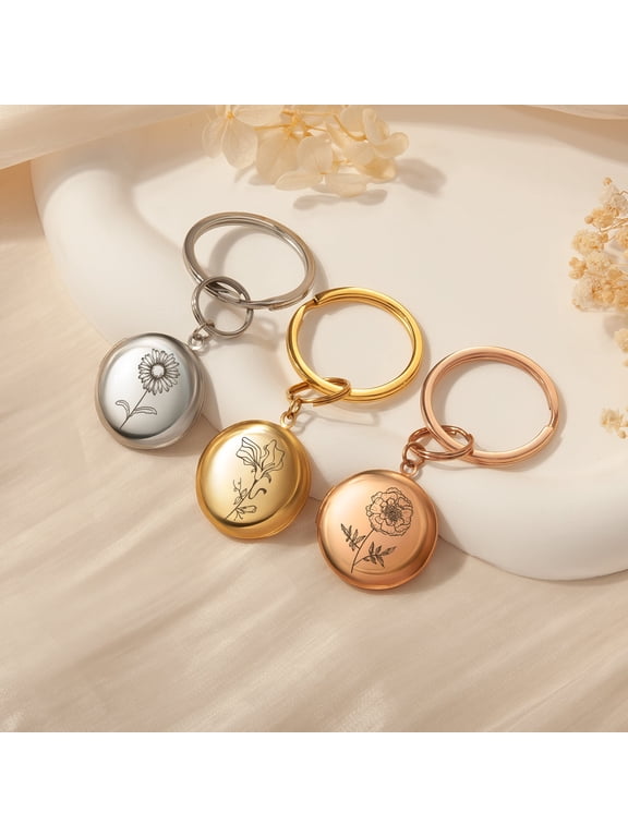 Personalized Photo Keychain Custom Engraved Birth Flower Picture Memory Locket Keychain Gift