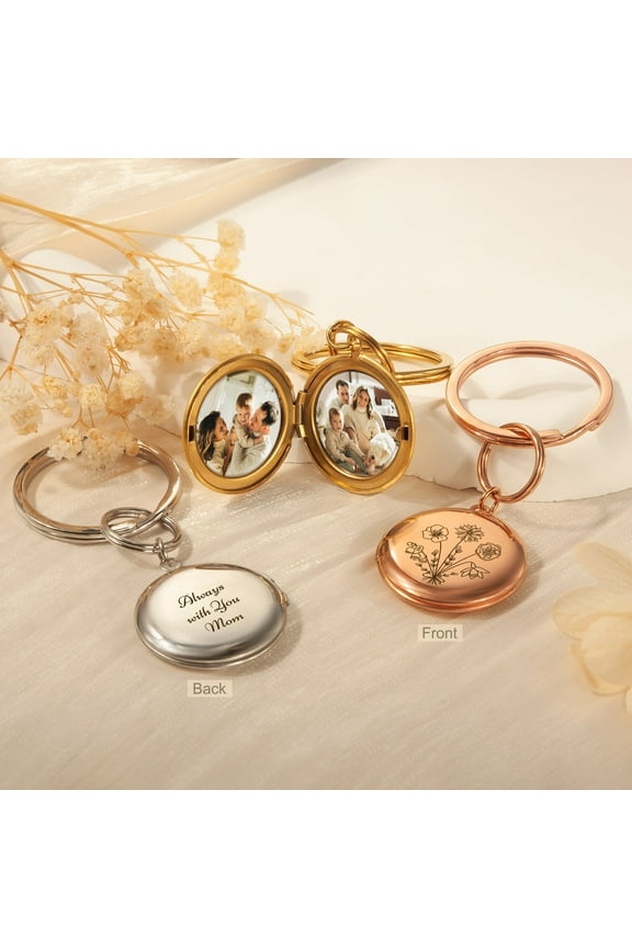 Personalized Photo Keychain Custom Engraved Birth Flower Picture Memory Locket Keychain Gift