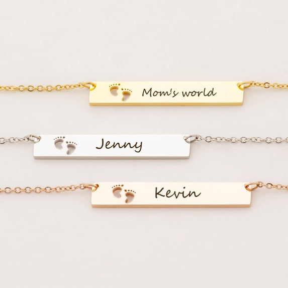 Anavia Personalized Silver Bar Necklace Gift for Mom New Born Baby Footprint Gift for Wife Fiancee Horizontal Stainless Steel Custom Made Engravable Name Necklace Birthday Day Box Ships Next Day