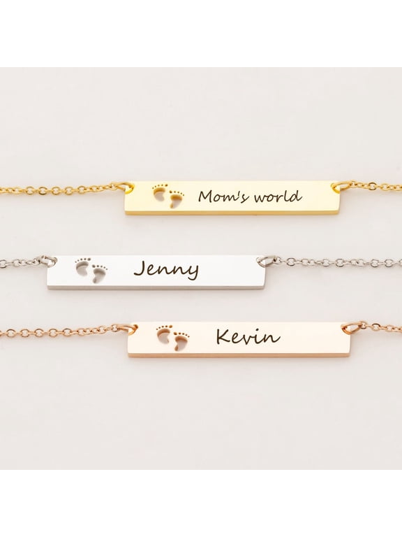 Personalized Silver Bar Necklace Gift for Mom New Born Baby Footprint Gift for Wife Fiancee Horizontal Stainless Steel Custom Made Engravable Name Necklace Birthday Day Box Ships Next Day