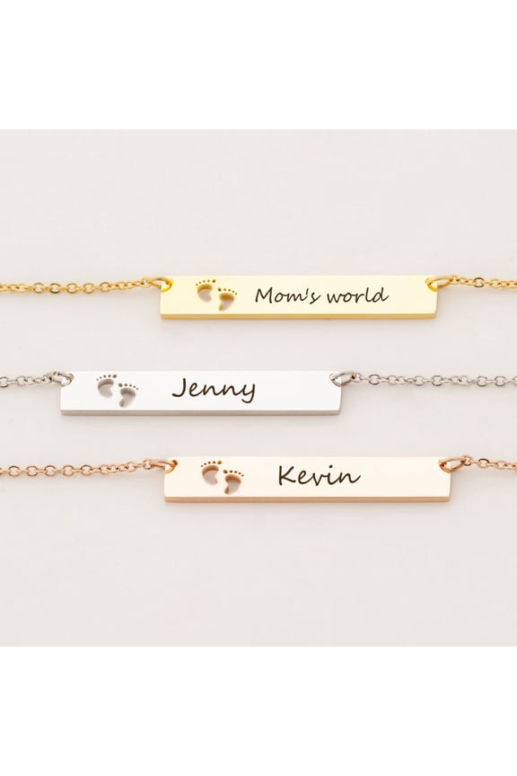 Personalized Silver Bar Necklace Gift for Mom New Born Baby Footprint Gift for Wife Fiancee Horizontal Stainless Steel Custom Made Engravable Name Necklace Birthday Day Box Ships Next Day